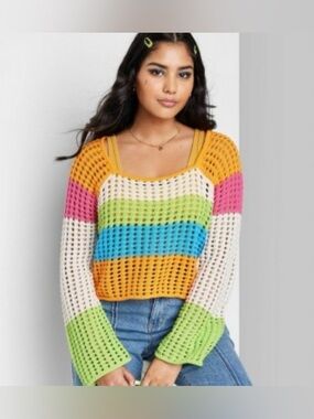 Wild Fable Women's Square Neck Pointelle Pullover Sweater Striped Plus Size XL
